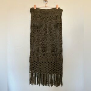 Ralph Lauren Size L Olive Green Linen Crochet Midi Skirt